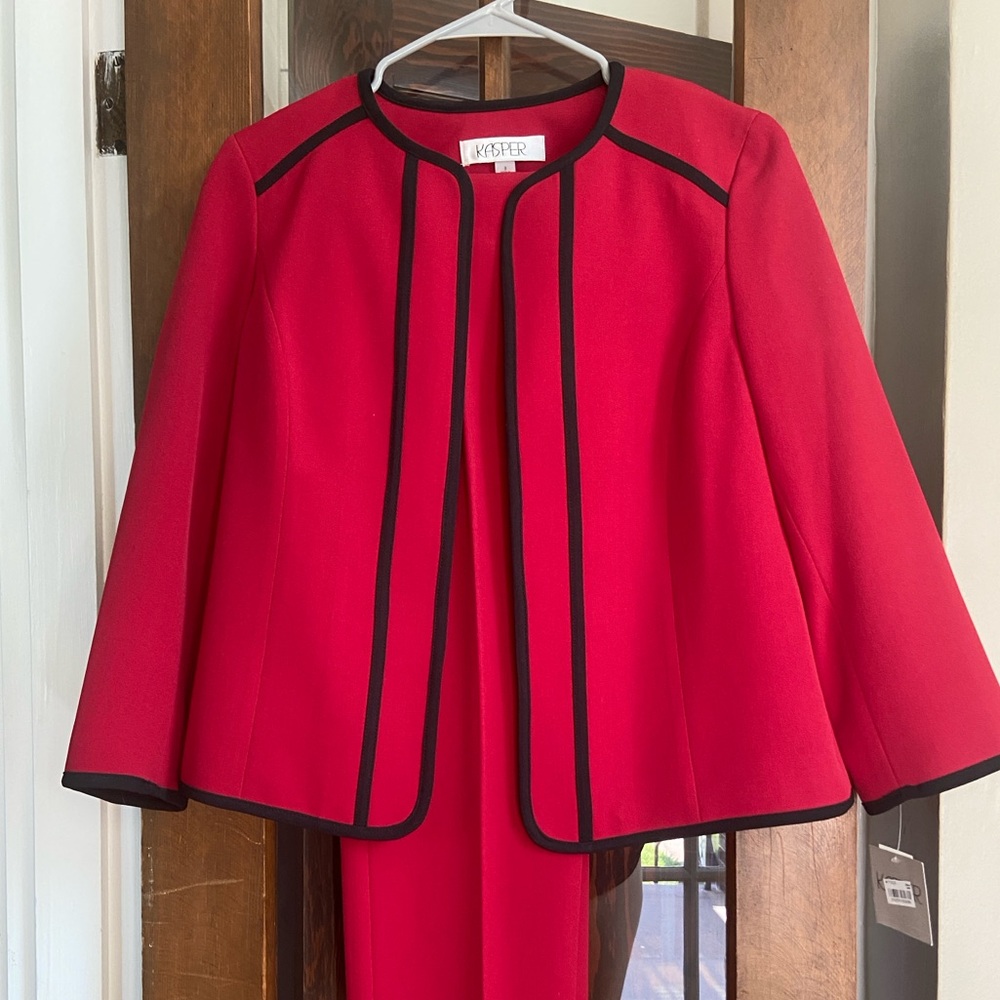Kasper Bright Red Petites Pantsuit - Size 8 Jacket w Black Trim - Size 10 Pants